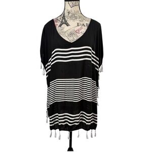 C&T Beach Black & White Striped Beachwear Cover-Up with Tassels Size M